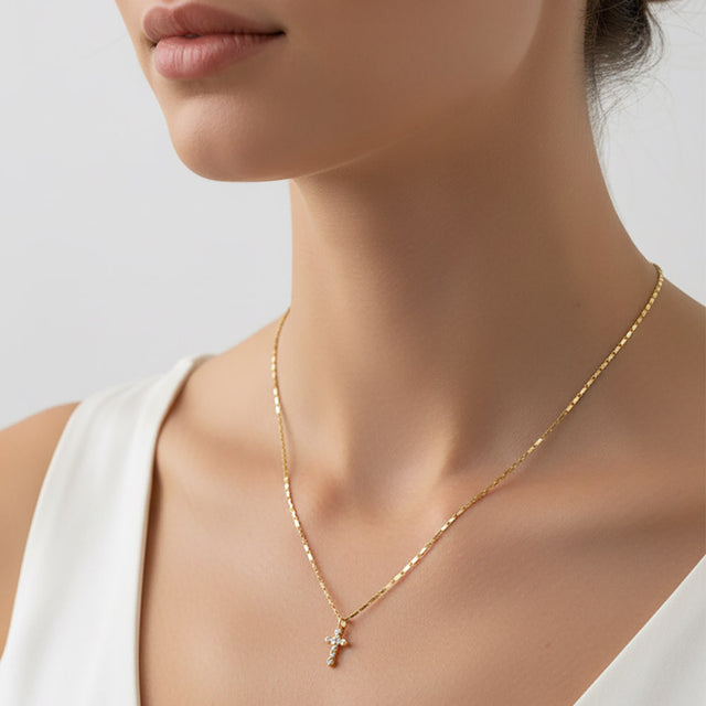 Madeline Love Clear, Gold Gold Dipped CZ Stone Point Mini Cross Pendant Necklace - Jewelry