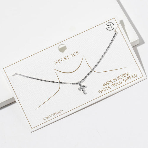White Gold Dipped CZ Stone Point Mini Cross Pendant Necklace - Clear, Rhodium
