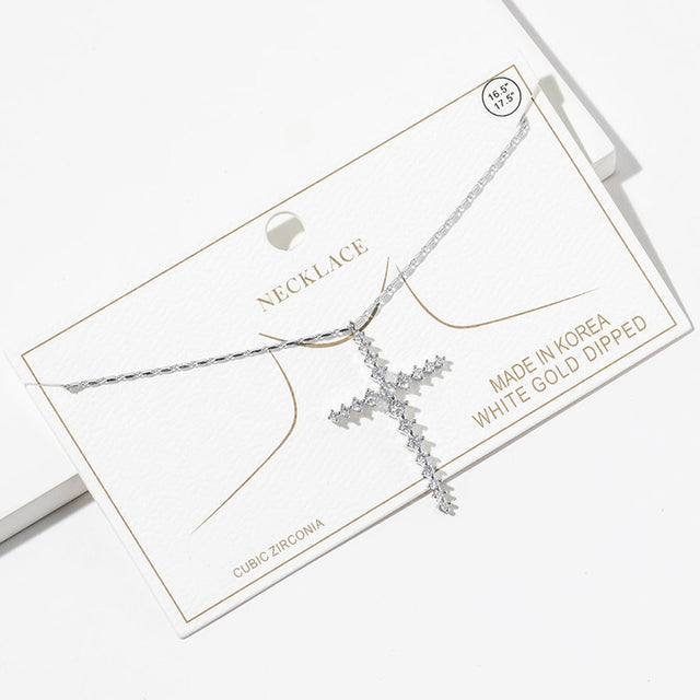 Madeline Love Clear, Rhodium White Gold Dipped CZ Cross Pendant Necklace - Jewelry