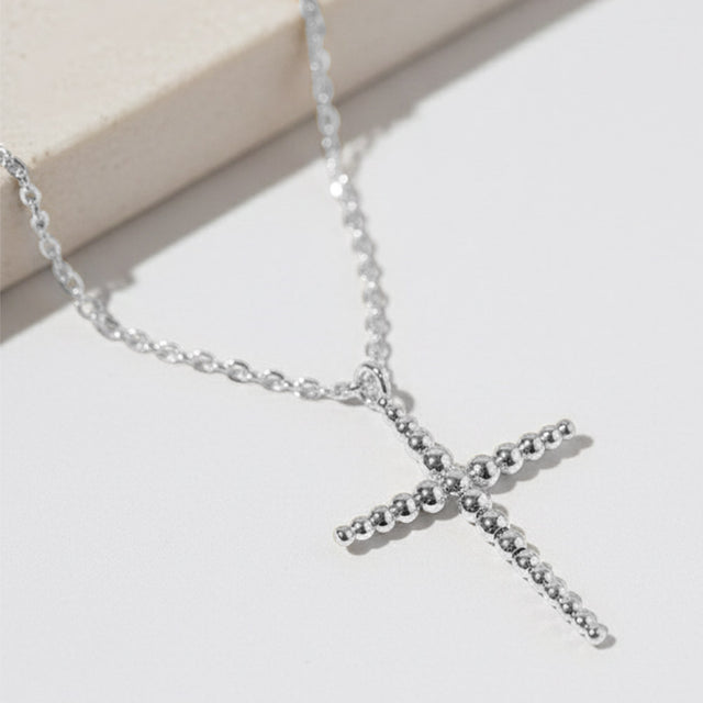 Madeline Love Rhodium White Gold Dipped Beaded Cross Pendant Necklace - Necklaces
