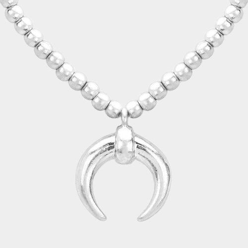 Double Horn Pendant Metal Ball Necklace - Worn Silver