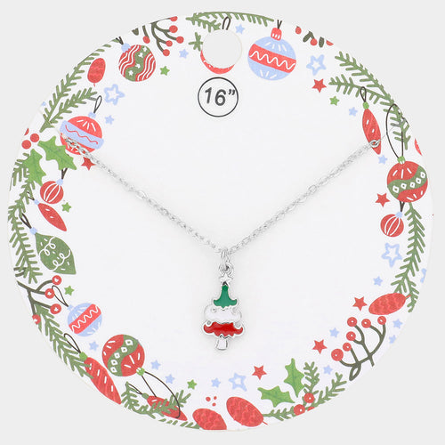 Enamel Christmas Tree Pendant Necklace - Rhodium