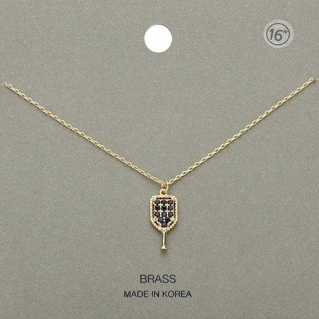 Madeline Love Black, Gold Stone Paved Brass Metal Pickleball Paddle Pendant Necklace - Jewelry