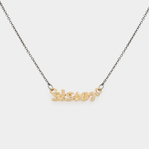 "Sister" Script Pendant Necklace - Gold, Hematite