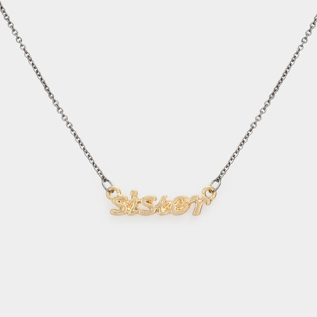 Madeline Love Gold, Hematite "Sister" Script Pendant Necklace - Necklaces