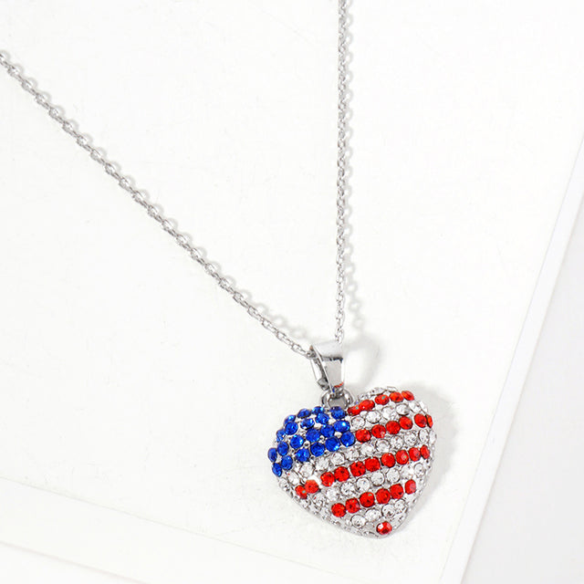 Madeline Love Clear, Rhodium Crystal Paved American USA Flag Heart Pendant Necklace - Jewelry