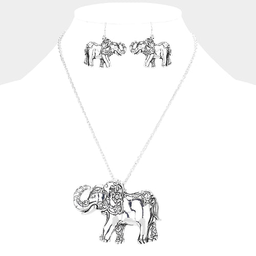 Antique Metal Elephant Pendant Necklace - Antique Silver