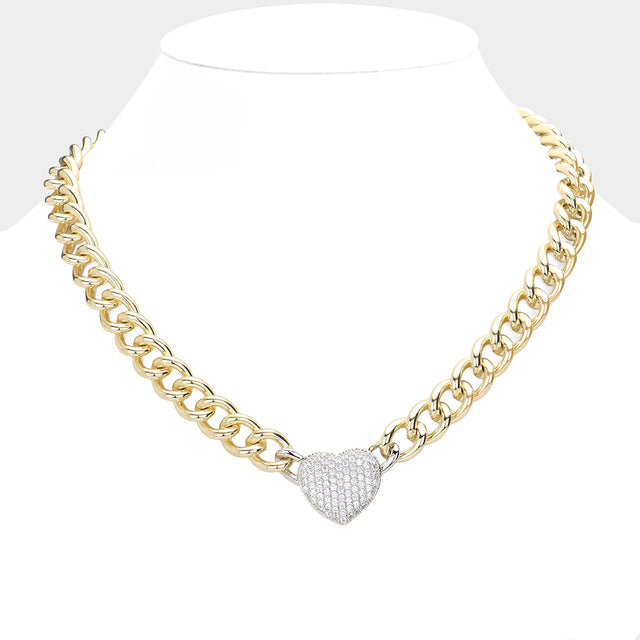 CZ Stone Paved Heart Pendant Toggle Necklace - Gold - Necklaces