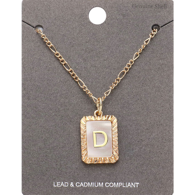Madeline Love Gold -D- Initial Monogram Genuine Shell Rectangle Pendant Necklace - Necklaces
