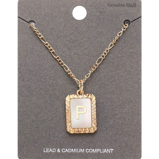 Madeline Love Gold -P- Initial Monogram Genuine Shell Rectangle Pendant Necklace - Necklaces