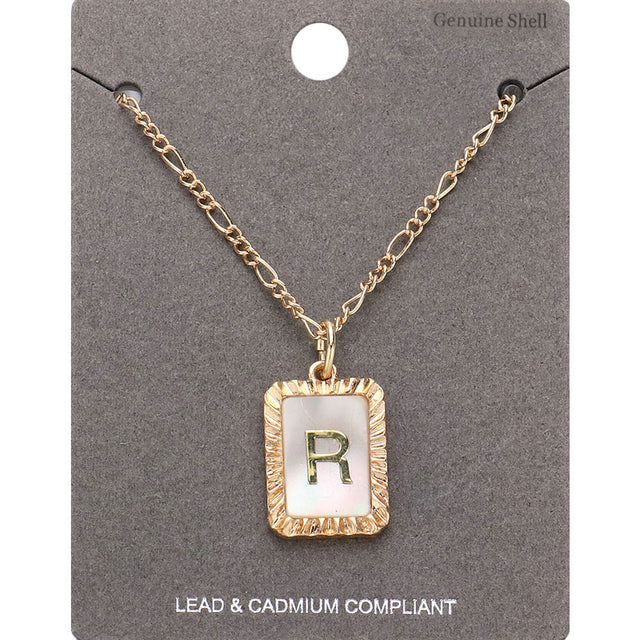 Madeline Love Gold -R- Initial Monogram Genuine Shell Rectangle Pendant Necklace - Necklaces
