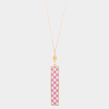 Madeline Love Pink Checkerboard Rectangle Pendant Long Necklace - Necklaces
