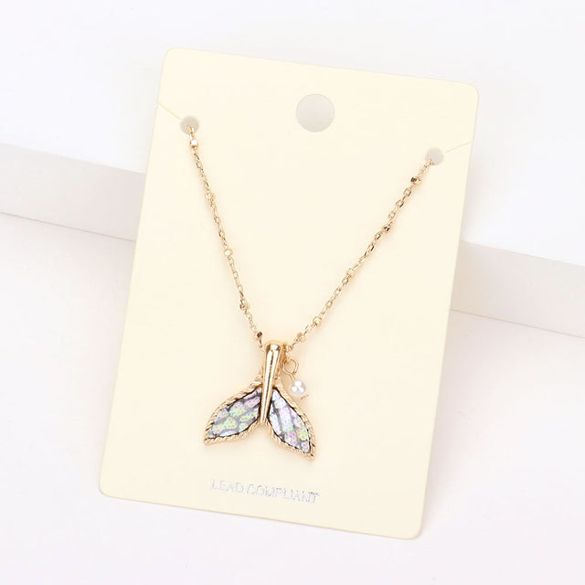 Gold, Gray Patterned Whale Tail Pearl Pendant Necklace