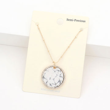 Madeline Love Howlite Rhinestone Trimmed Semi Precious Round Pendant Necklace - Necklaces