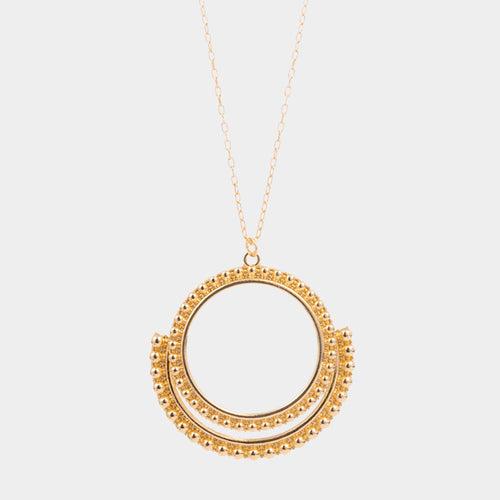 Bubble Textured Geometric Open Metal Circle Pendant Long Necklace - Gold