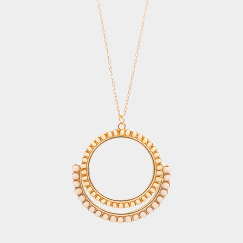 Wood Embellished Geometric Open Circle Pendant Long Necklace - Ivory