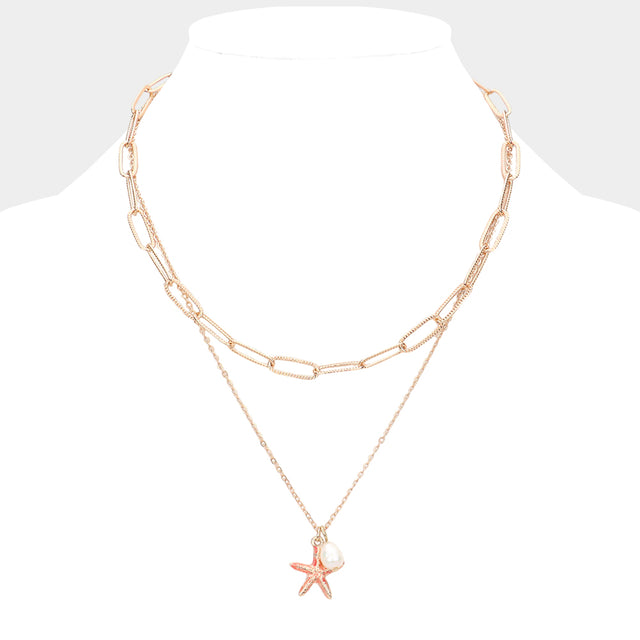 Madeline Love Coral Starfish Freshwater Pearl Pendant Double Layered Necklace - Necklaces