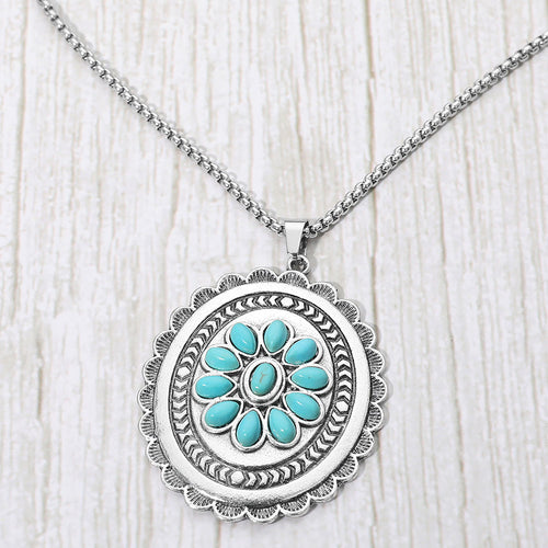 Vintage Floral Stone Accent Oval Medallion Pendant Necklace - Antique Silver, Turquoise