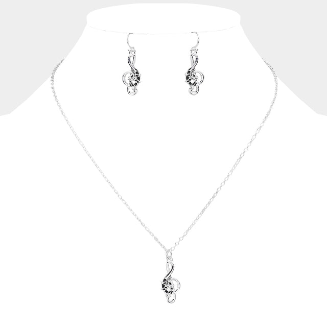Madeline Love Antique Silver Rhinestone Embellished Metal Treble Clef Pendant Necklace - Necklaces