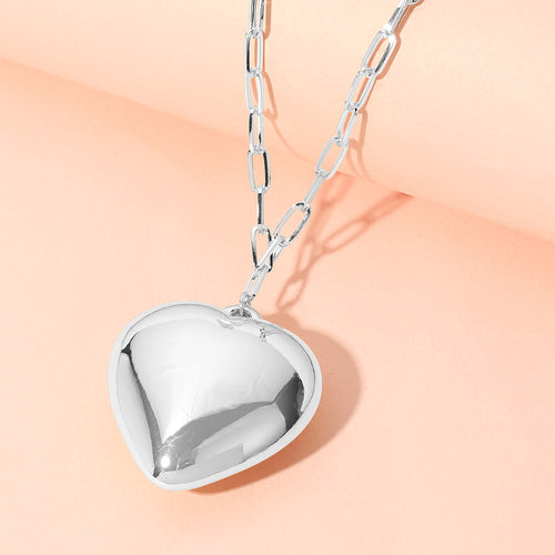 Metal Puffy Heart Pendant Paperclip Chain Necklace - Silver