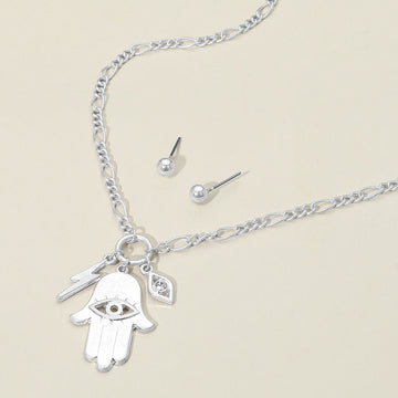 Madeline Love Worn Silver Metal Hamsa Hand Lightning Evil Eye Pendant Necklace - Necklaces