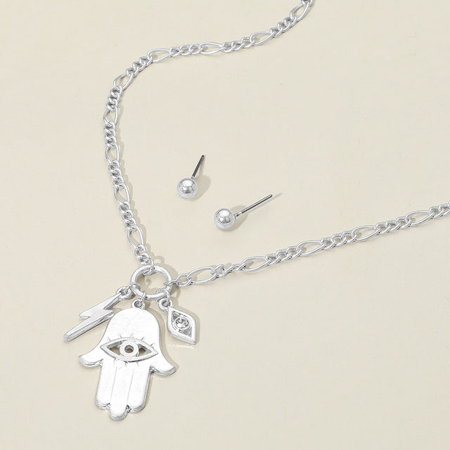 Madeline Love Worn Silver Metal Hamsa Hand Lightning Evil Eye Pendant Necklace - Necklaces