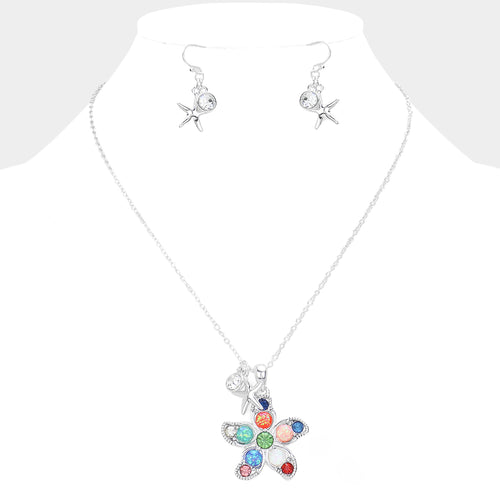 Stone Embellished Starfish Pendant Necklace - Multi, Silver