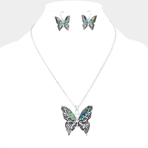 Abalone Butterfly Pendant Necklace - Abalone, Antique Silver