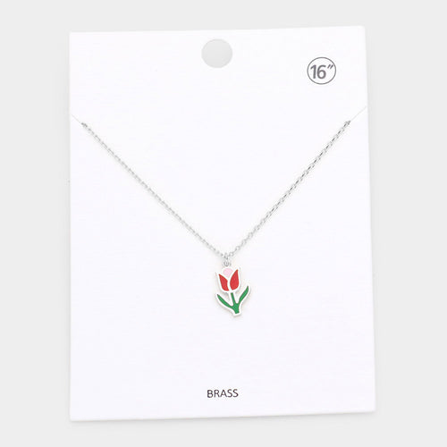 Brass Metal Enamel Tulip Flower Pendant Necklace - Rhodium
