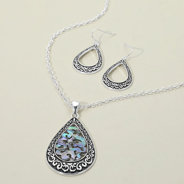 Madeline Love Abalone, Antique Silver Intricate Scrollwork Abalone Teardrop Pendant Necklace - Jewelry