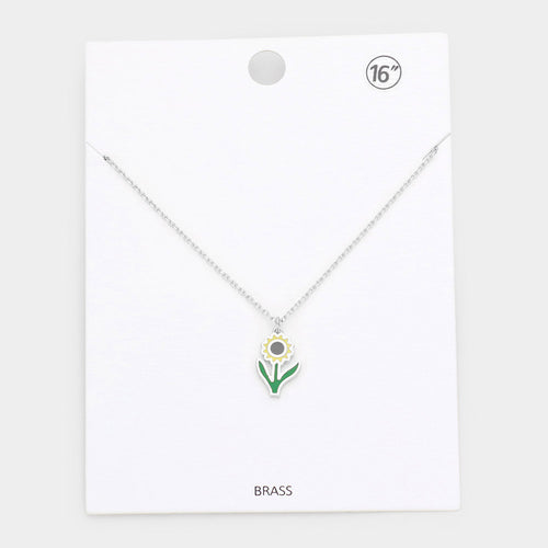 Brass Metal Enamel Sunflower Pendant Necklace - Rhodium