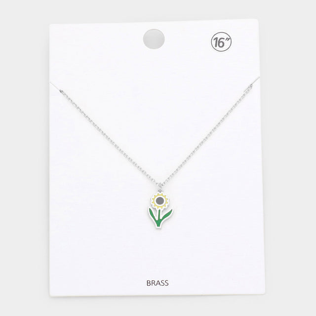 Madeline Love Rhodium Brass Metal Enamel Sunflower Pendant Necklace - Necklaces