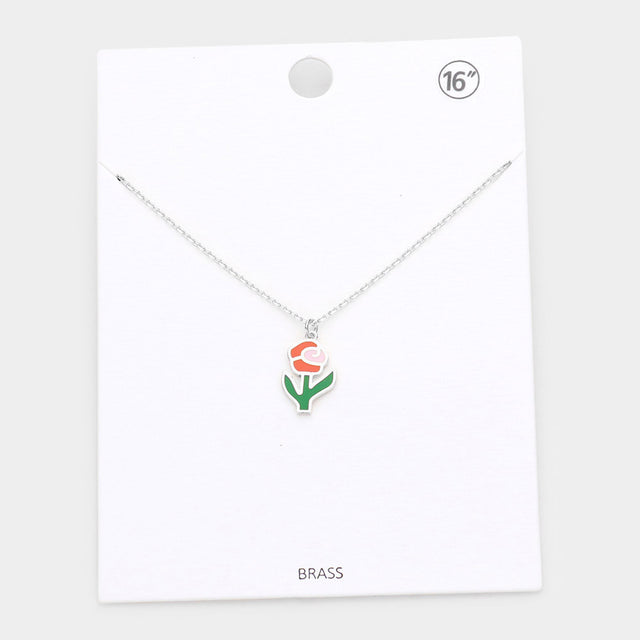 Madeline Love Rhodium Brass Metal Enamel Rose Flower Pendant Necklace - Necklaces