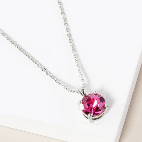 October - Birthstone Pendant Necklace - Pink, Rhodium