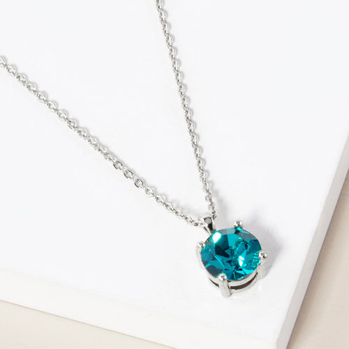 December - Birthstone Pendant Necklace - Blue Zircon, Rhodium