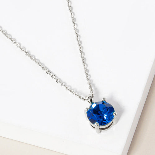 September - Birthstone Pendant Necklace - Rhodium, Sapphire