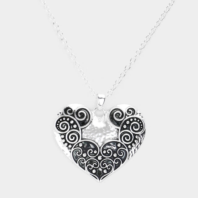 Antique Metal Western Heart Pendant Necklace - Antique Silver - Necklaces