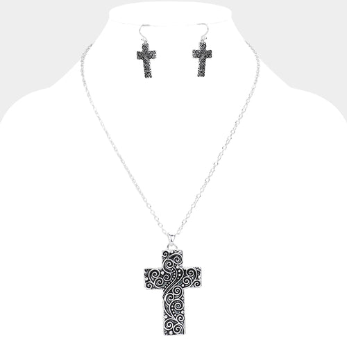 Antique Metal Western Cross Pendant Necklace - Antique Silver