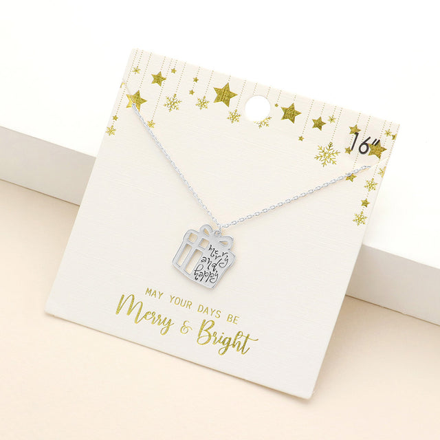 Madeline Love Rhodium Merry and Happy Message Metal Christmas Gift Pendant Necklace - Necklaces