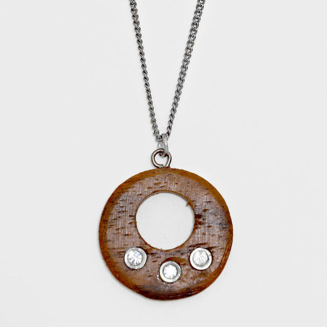Madeline Love Brown, Clear, Silver Burnished Wood Disc Cutout Pendant Necklace - Jewelry