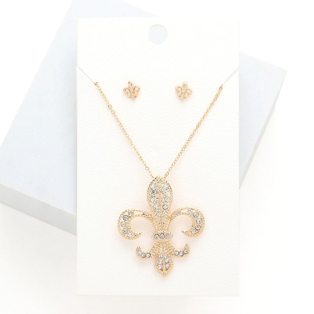 Madeline Love Gold Rhinestone Embellished Fleur de Lis Pendant Necklace - Necklaces