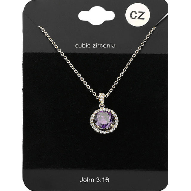 Madeline Love Amethyst , Gold CZ Round Pendant Necklace - Jewelry