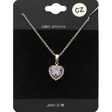 CZ Heart Stone Pendant Necklace - Amethyst Gold - Necklaces