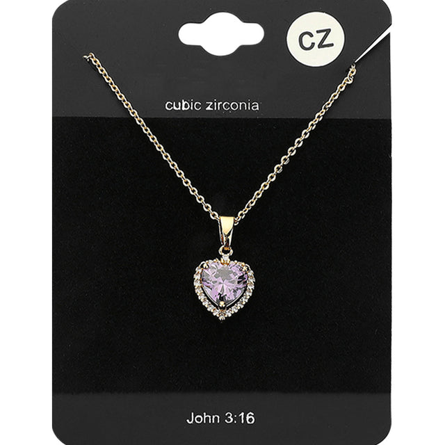 CZ Heart Stone Pendant Necklace - Amethyst Gold - Necklaces