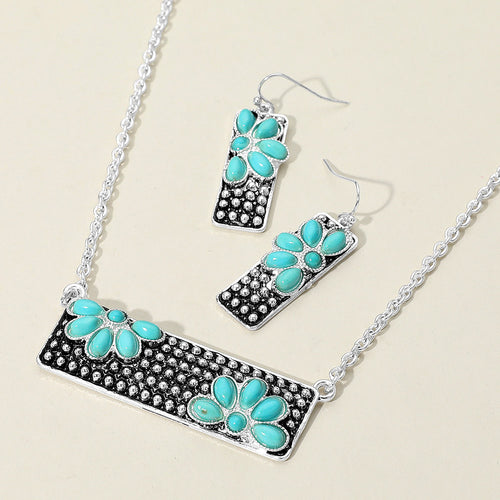 Embossed Floral Pattern Textured Metal Bar Pendant Necklace - Silver Burnished, Turquoise