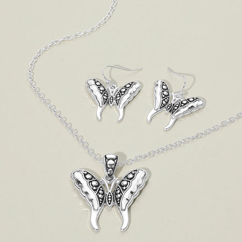 Antique Metal Butterfly Pendant Necklace - Antique Silver