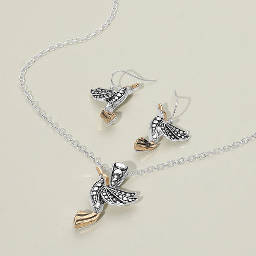 Antique Metal Bird Pendant Necklace - Two Tone