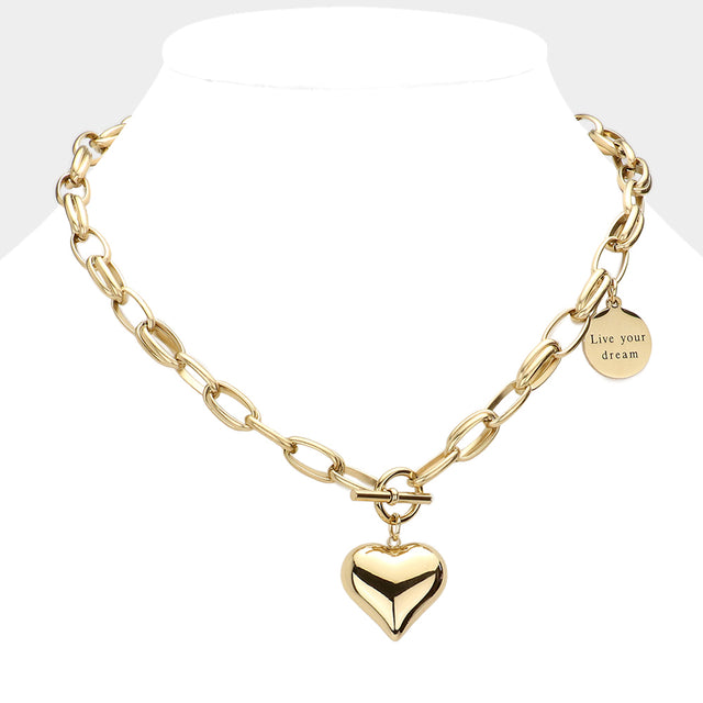 Metal Heart Pendant Live Your Dream Message Charm Chain Toggle Necklace - Gold - Necklaces