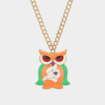 Madeline Love Gold, Green, Orange Enamel Owl Pendant Long necklace - Necklaces