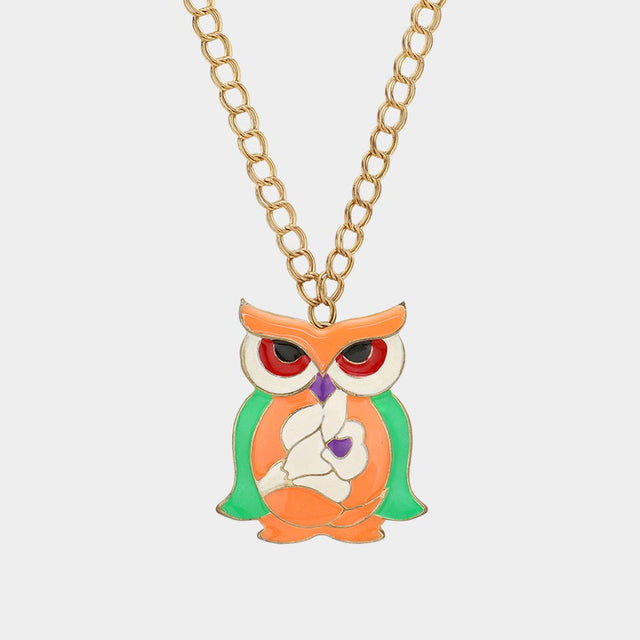Madeline Love Gold, Green, Orange Enamel Owl Pendant Long necklace - Necklaces